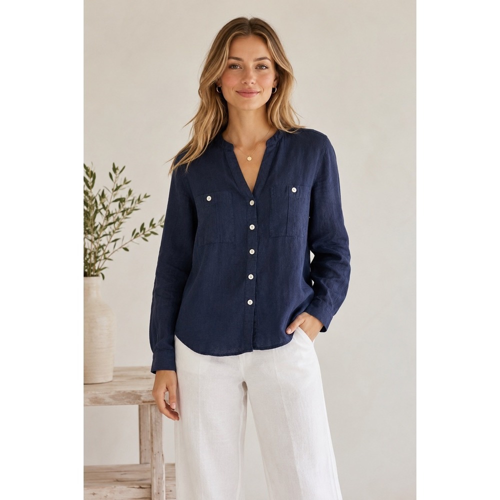 Isaac Mizrahi Navy Blue 100% Linen Button Up Shirt Minimalist Quiet Luxury Large